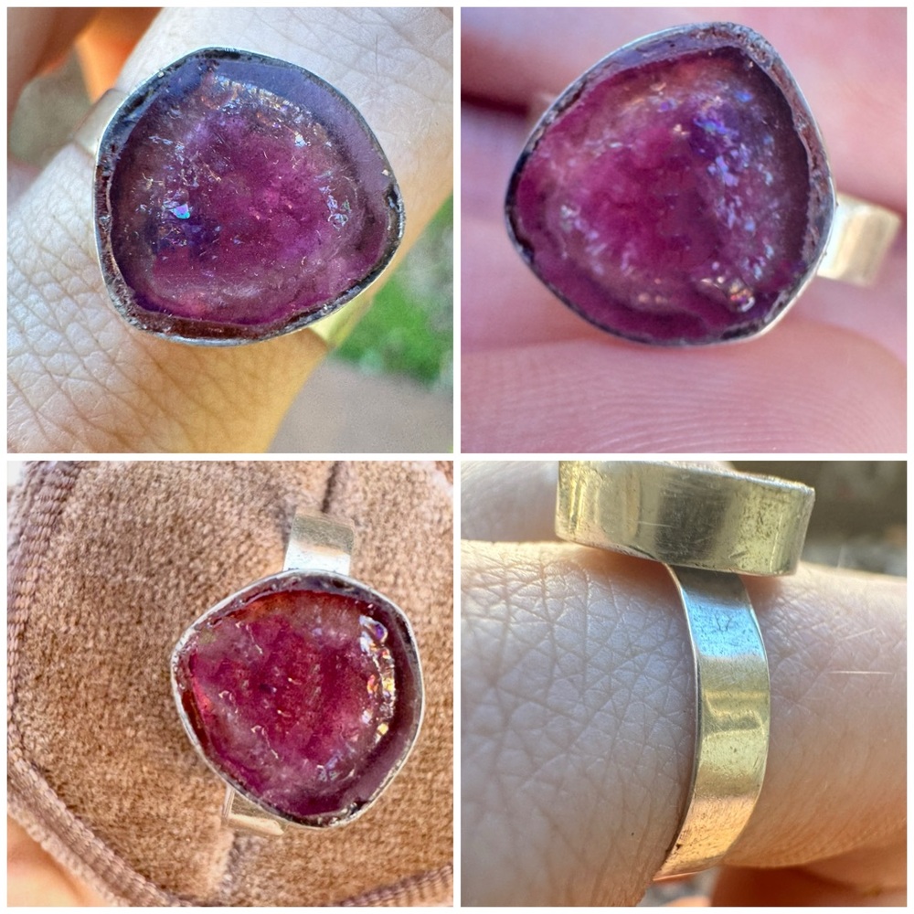 Solid.10k gold genuine watermelon tourmaline  slice ring custom made